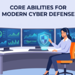 Security analyst at a desk with three screens showing the core skills needed security analyst for cyber defense. 