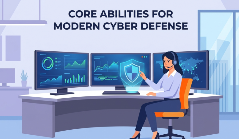 Security analyst at a desk with three screens showing the core skills needed security analyst for cyber defense.