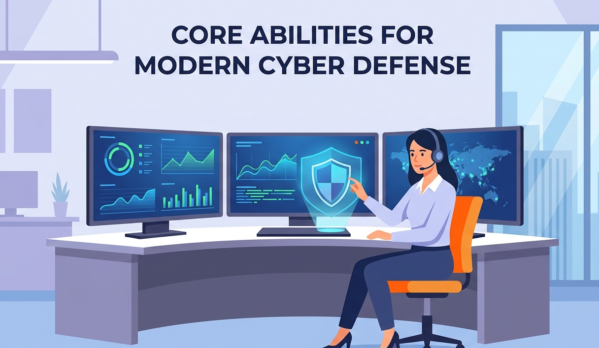 Security analyst at a desk with three screens showing the core skills needed security analyst for cyber defense. 