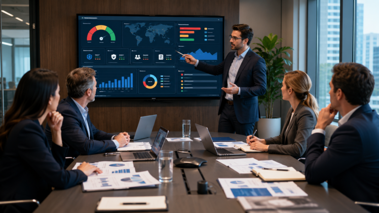Communicating Threat Intel Insights Client presented to executives using a cyber risk dashboard in a boardroom