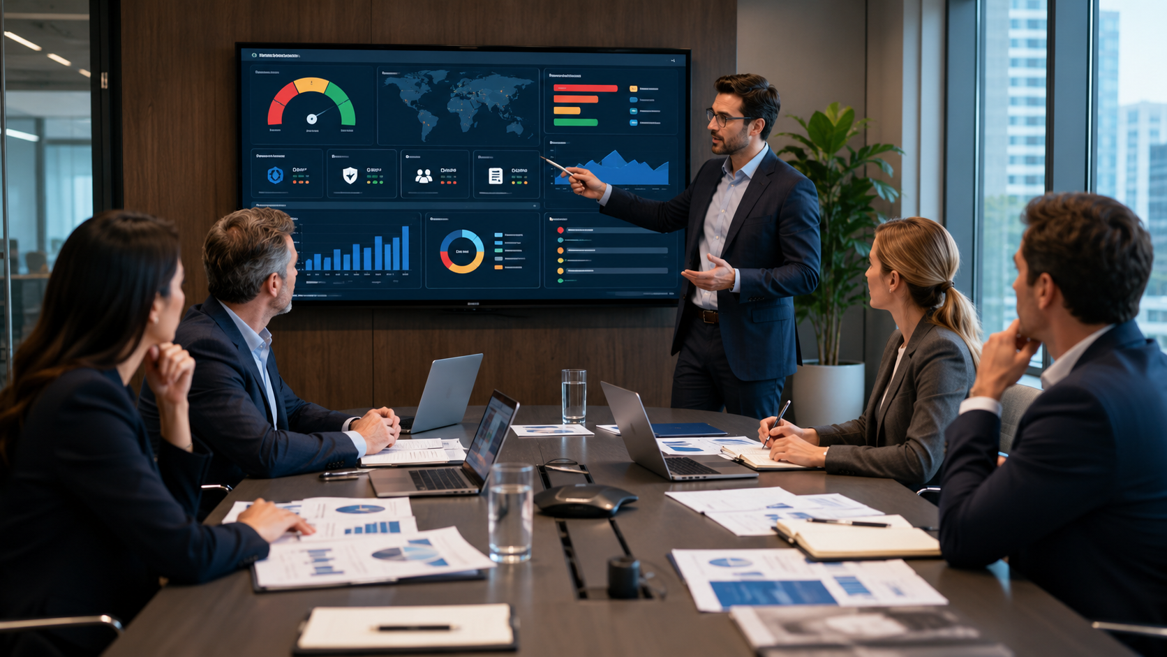 Communicating Threat Intel Insights Client presented to executives using a cyber risk dashboard in a boardroom