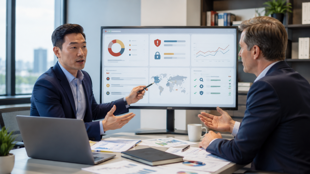 Communicating Threat Intel Insights Client during a business meeting with cyber risk dashboard and executive discussion
