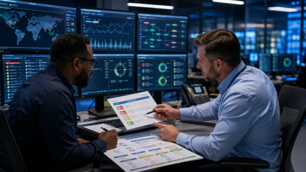 Communicating Threat Intel Insights Client with analysts reviewing threat reports and response priorities in a SOC