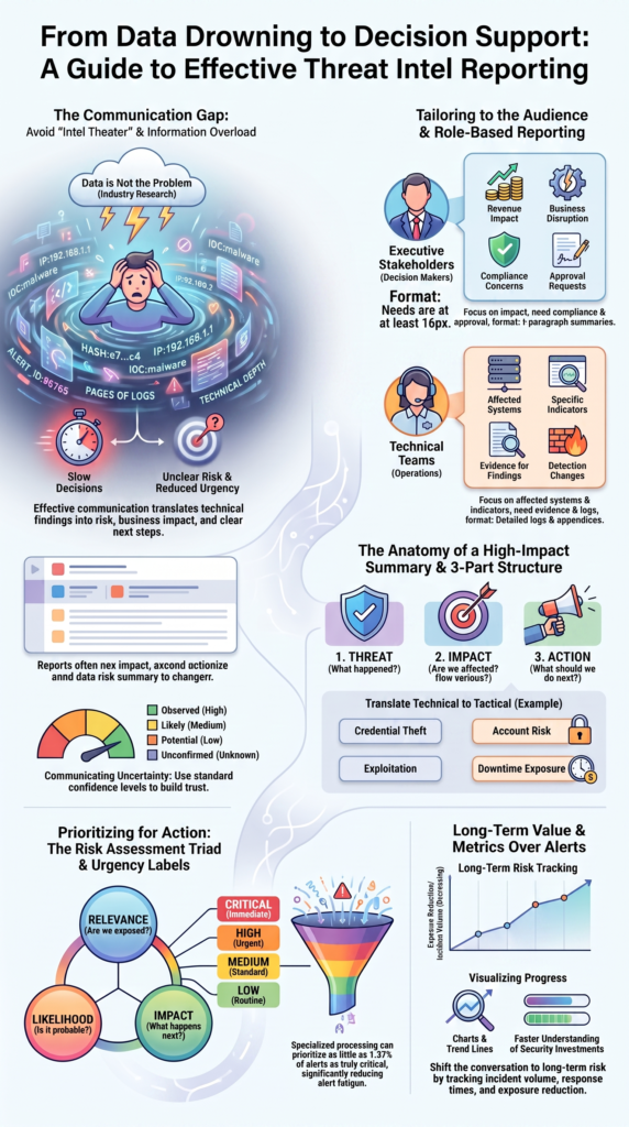 Communicating Threat Intel Insights Client infographic showing threat reporting, risk prioritization, and executive decisions