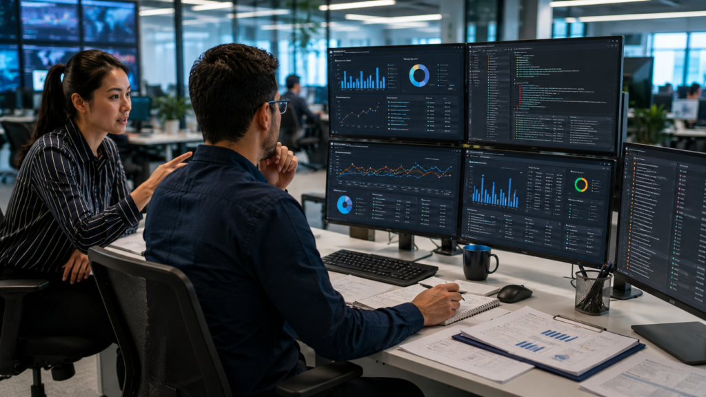 Converting Intel Actionable Security Controls with analysts reviewing detection performance and security rules in a SOC