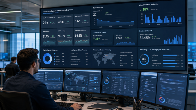 Cybersecurity analyst monitoring Measuring Threat Intelligence Effectiveness through operational dashboards in a modern SOC. 