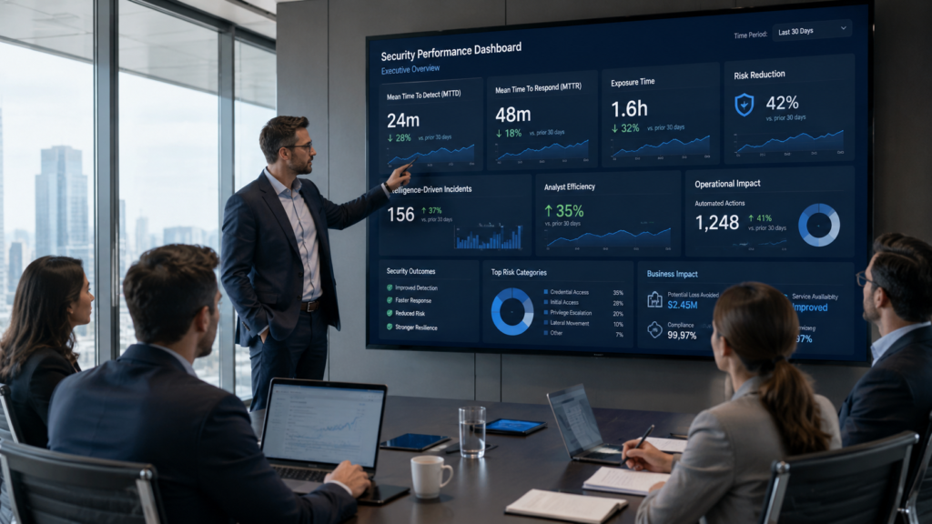 Executive meeting reviewing Measuring Threat Intelligence Effectiveness through security performance and business metrics.
