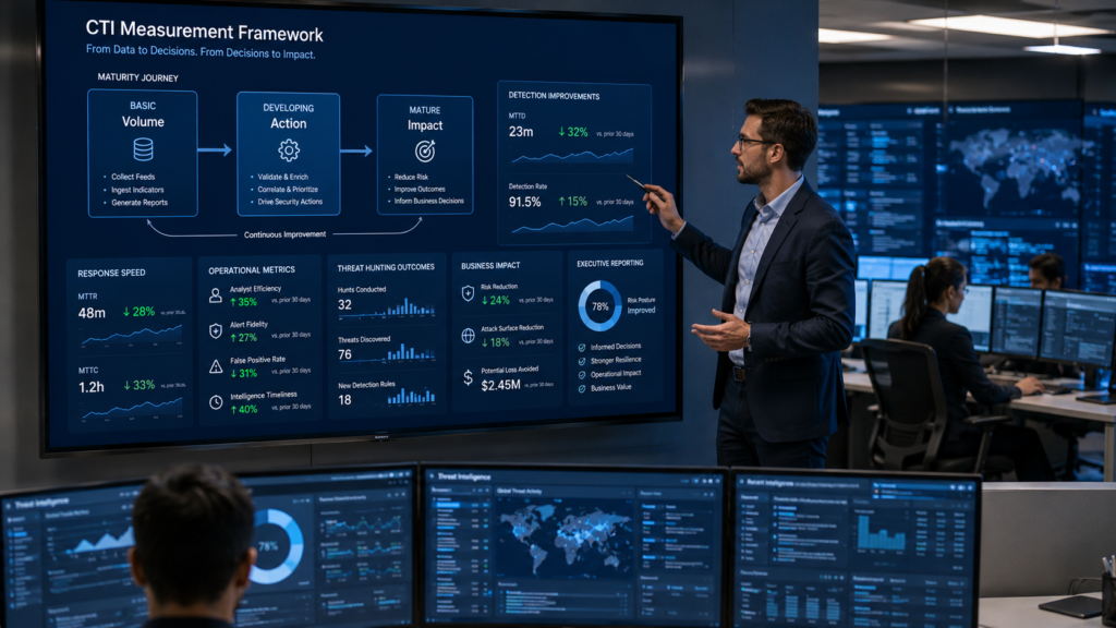 Measuring Threat Intelligence Effectiveness with a cybersecurity analyst presenting a CTI measurement framework dashboard.