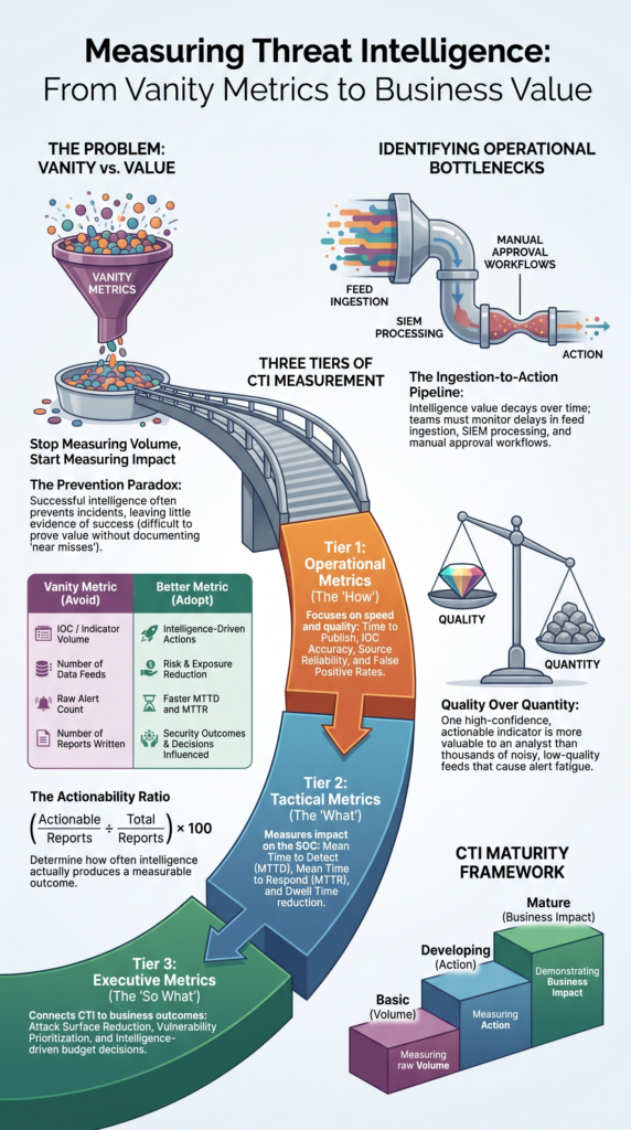 Measuring Threat Intelligence Effectiveness infographic showing CTI metrics, maturity stages, and business value framework.