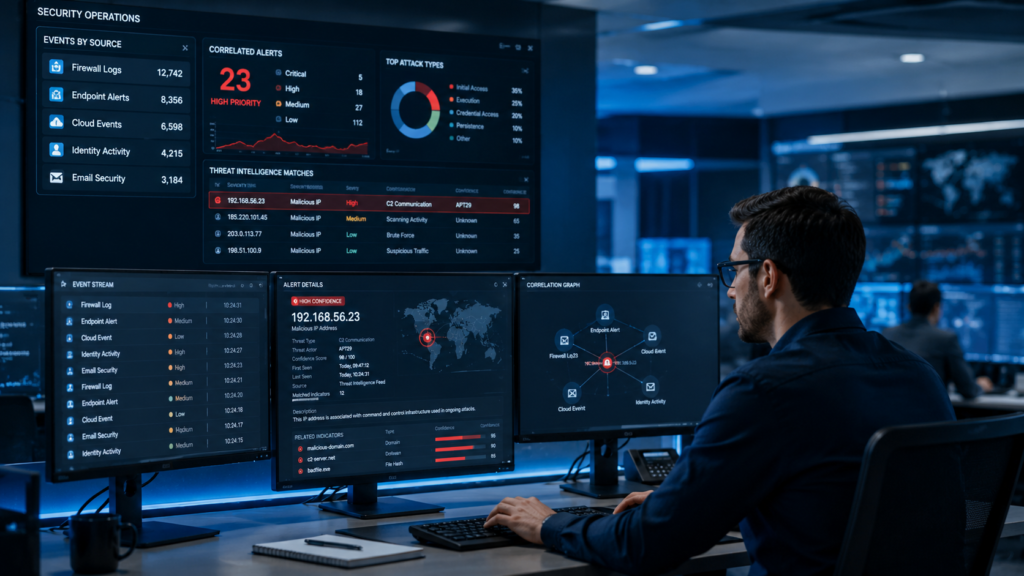 Threat Intelligence Integration Actioning analyst monitoring prioritized SIEM alerts and correlated security events