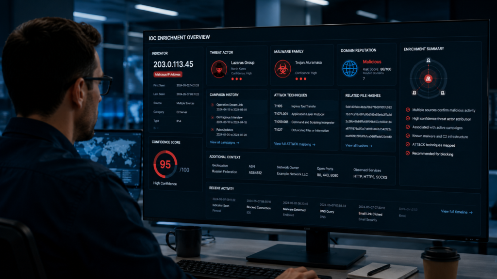 Threat Intelligence Integration Actioning analyst reviewing an IOC enrichment dashboard with contextual intelligence