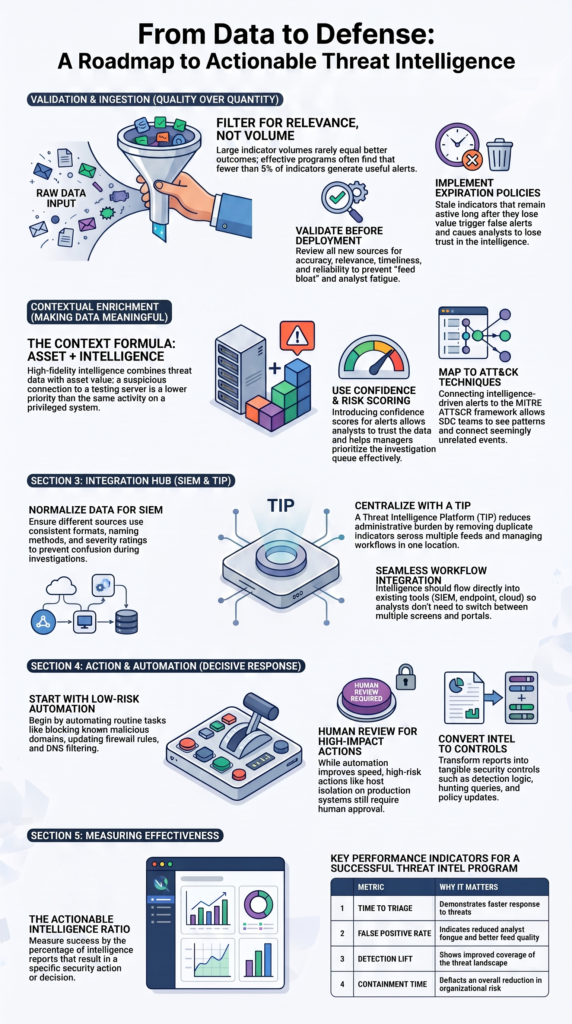 Threat Intelligence Integration Actioning workflow from data collection to security controls and performance measurement
