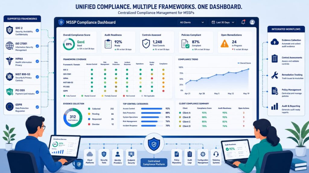 Unified compliance reporting dashboard MSSP interface displaying multi-framework coverage and client compliance summary.