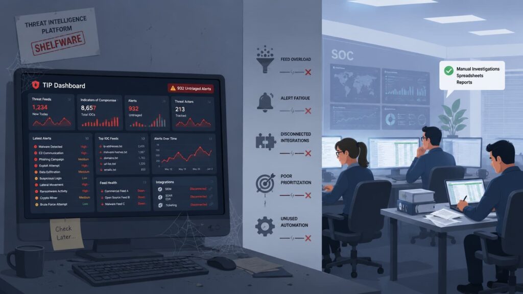 A SOC team struggling with shelfware when using TIP threat intelligence platform due to alert fatigue and disconnected integrations.