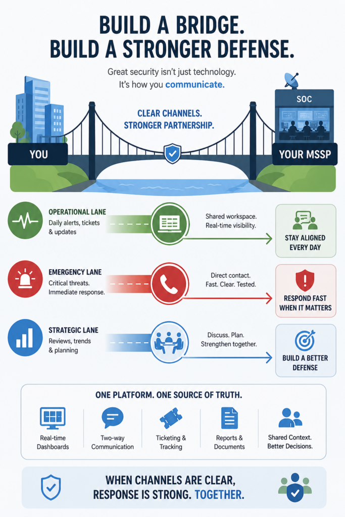 Infographic showing bridge metaphor and operational lanes for establishing communication channels MSSP. 