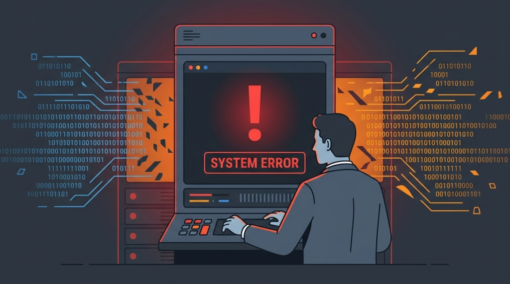 A critical trigger point: man at a console with 'SYSTEM ERROR,' starting the incident notification communication process.