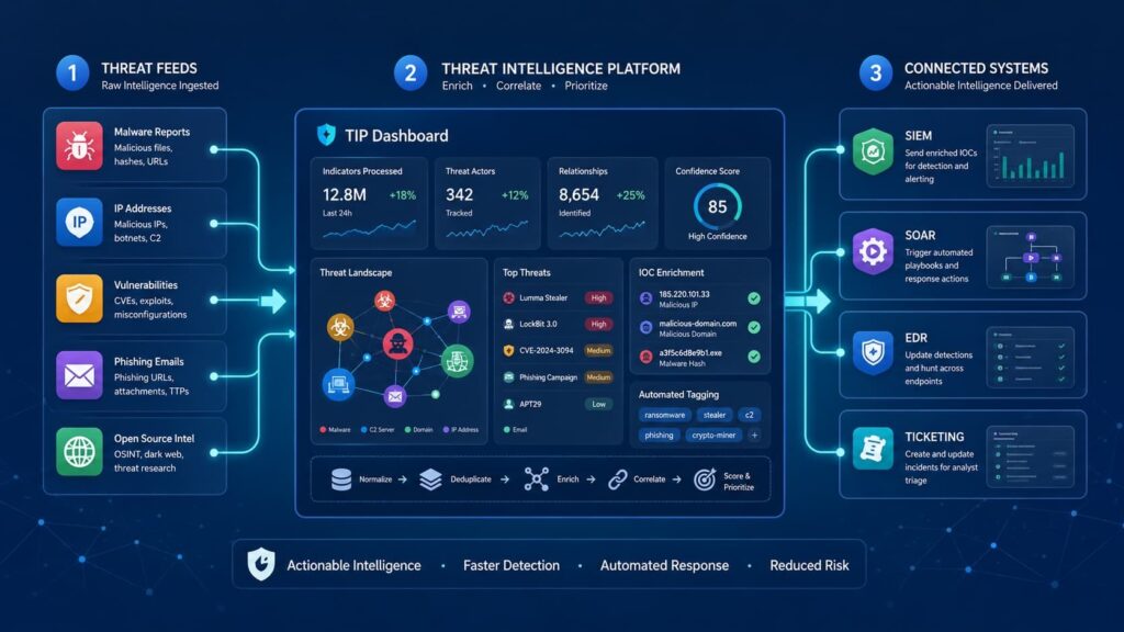Flowchart of using TIP threat intelligence platform to process threat feeds and deliver actionable intelligence to SIEM and SOAR.