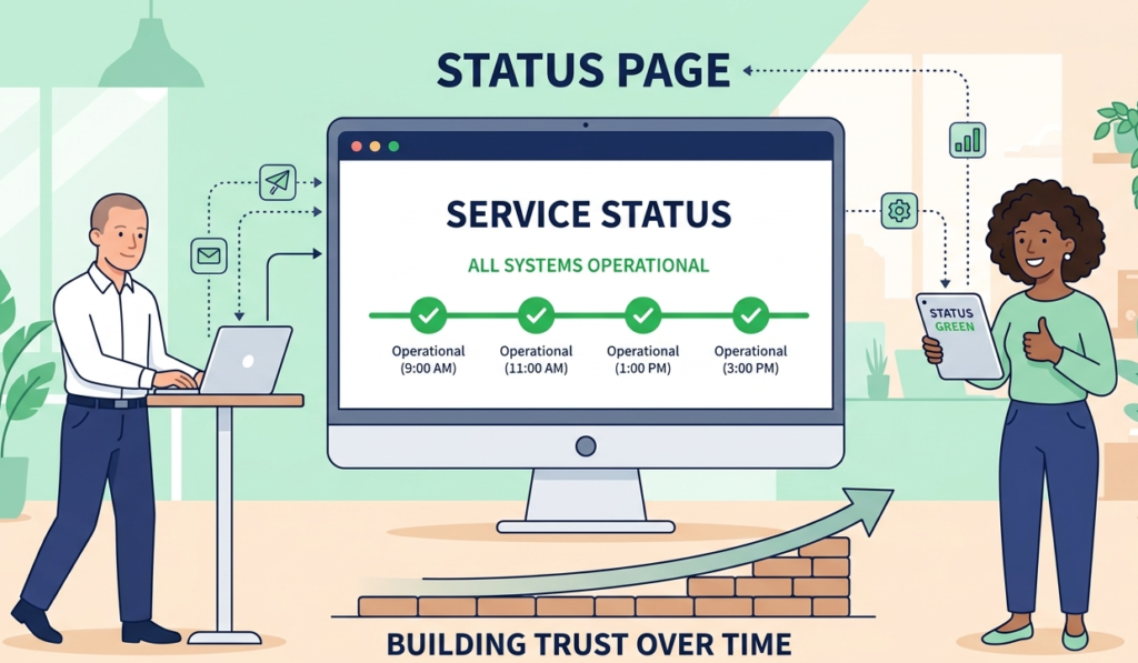 Status page showing 'All Systems Operational,' a key output of an incident notification communication process for trust.