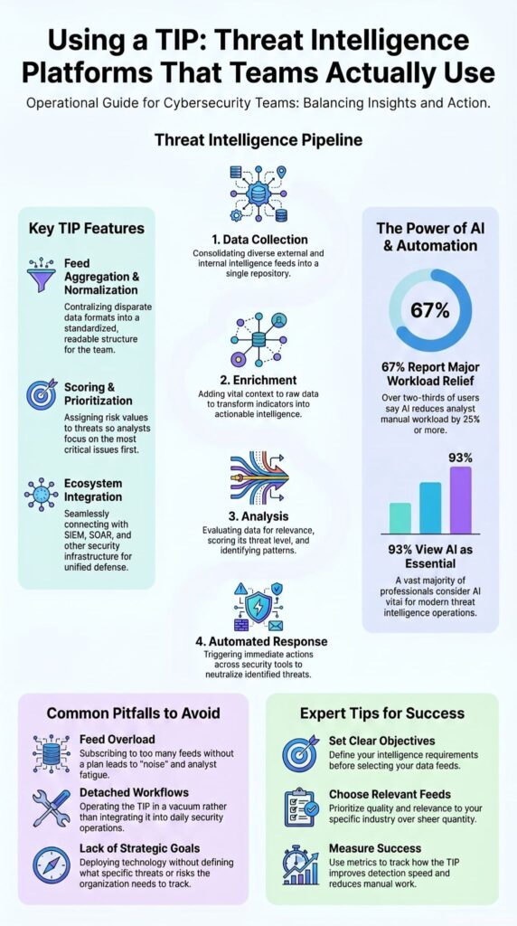 Infographic guide on using TIP threat intelligence platform with AI automation stats, key features, and expert success tips.