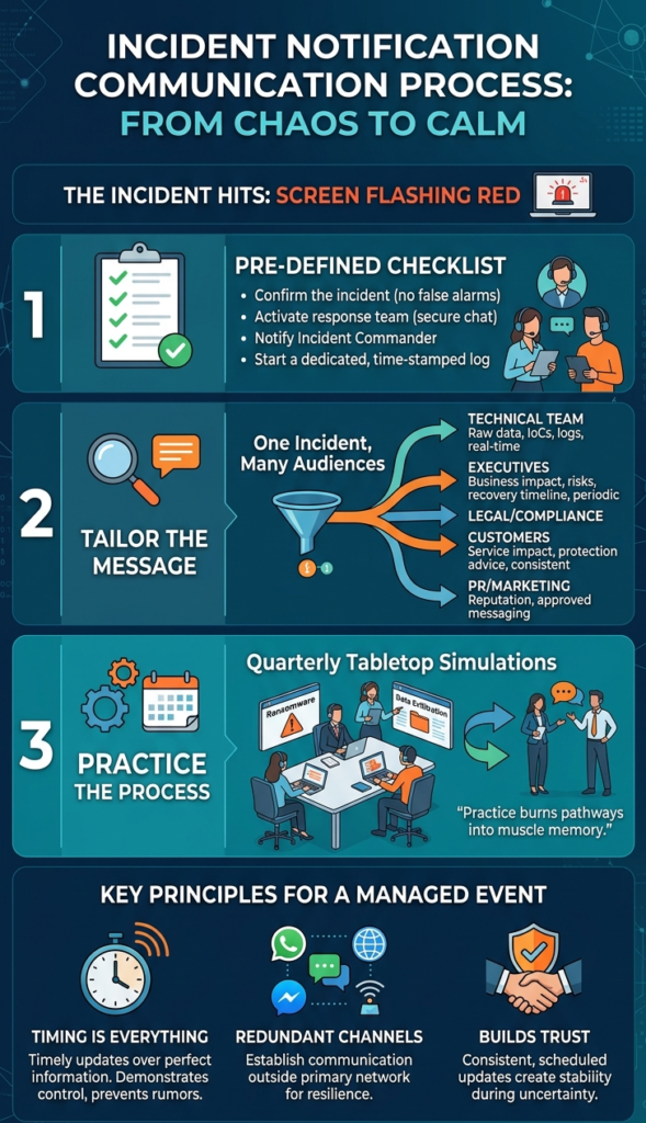 Infographic on transitioning from chaos to calm via the incident notification communication process with checklists and practice.