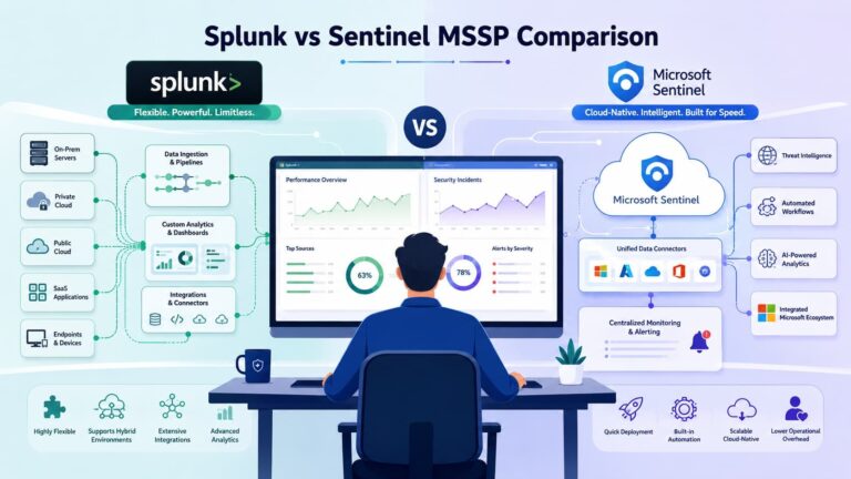 Side-by-side platform overview for a splunk vs sentinel mssp comparison showing hybrid and cloud-native capabilities.