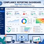 A compliance reporting dashboard MSSP overview showing scores, risk heatmap, and multi-client compliance metrics.