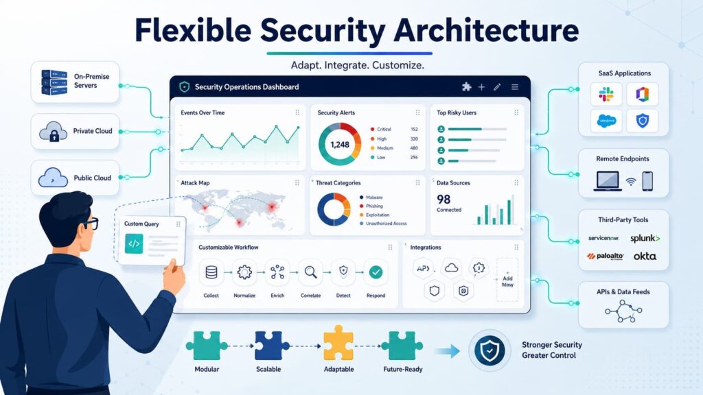 A security operations dashboard illustrating flexible architecture in a splunk vs sentinel mssp comparison context.