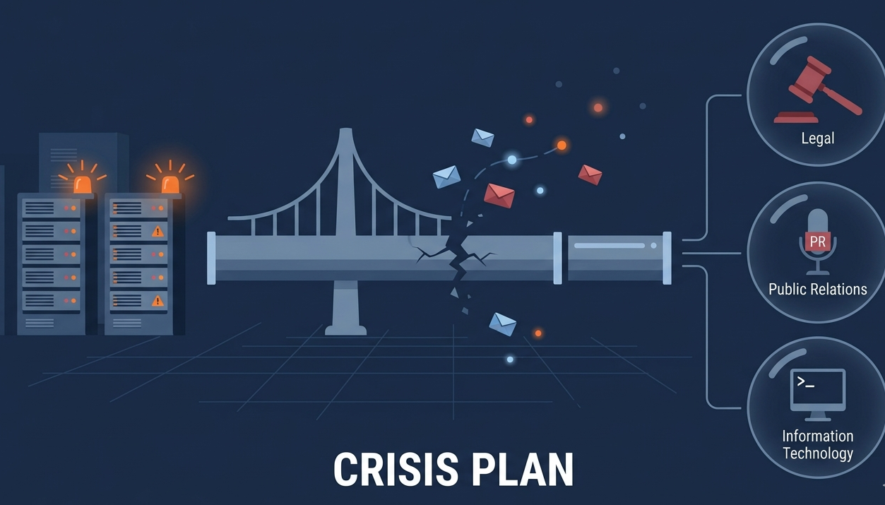 Broken pipeline showing a communication during security crisis with isolated corporate departments. 