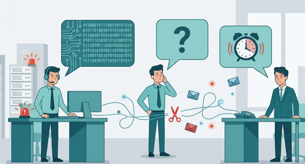 Siloed teams facing a communication during security crisis with mismatched symbols and cut connections. 