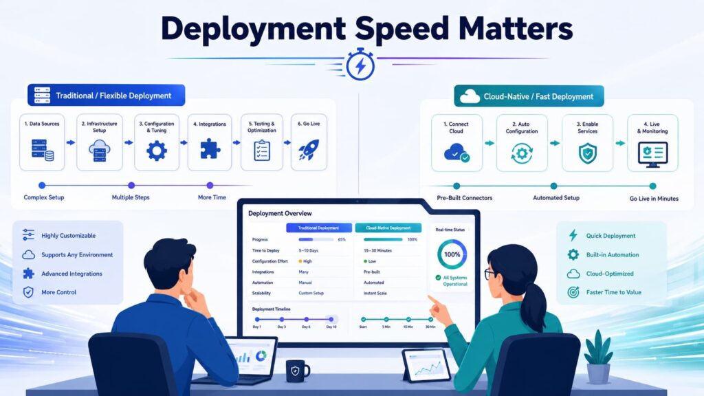 Deployment speed chart showing traditional vs cloud-native timelines relevant to a splunk vs sentinel mssp comparison.
