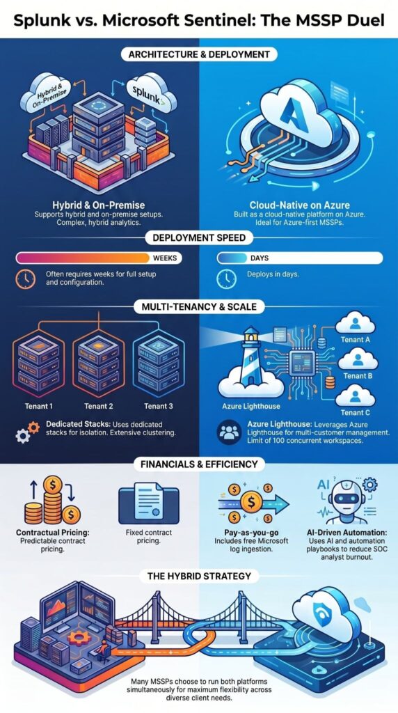 Infographic covering architecture, deployment, and financials in a splunk vs sentinel mssp comparison for providers.