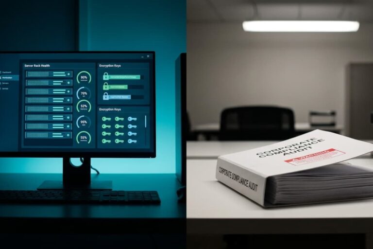Server health dashboard and compliance audit binder supporting secure cloud migration planning