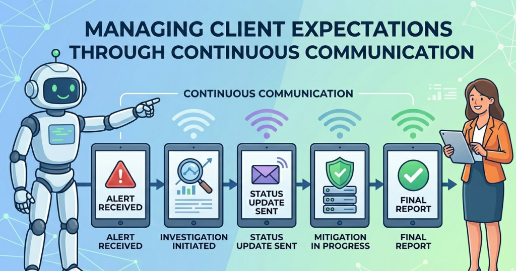 Vector timeline diagram showing managed expectations and Client Communication Protocols MSSP.
