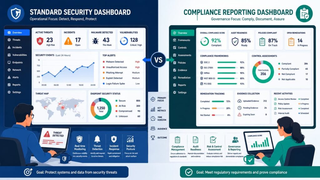 Side-by-side comparison of a standard security dashboard vs compliance reporting dashboard MSSP governance view.