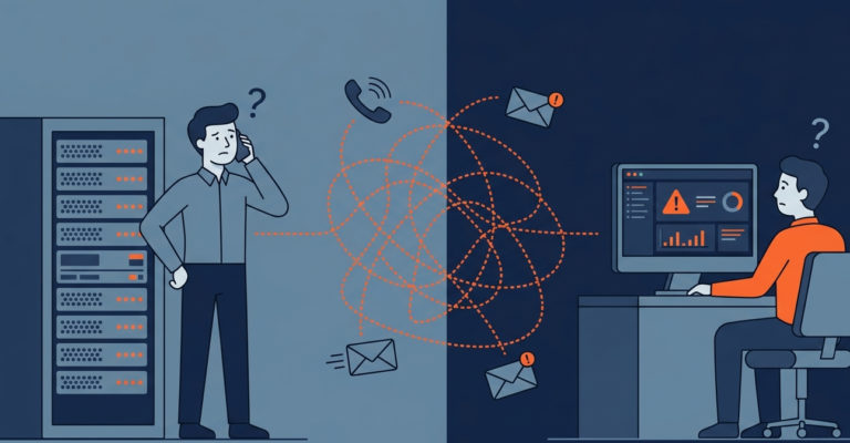 Confused IT teams separated by a chaotic communication knot, showing why defining points contact mssp is vital.