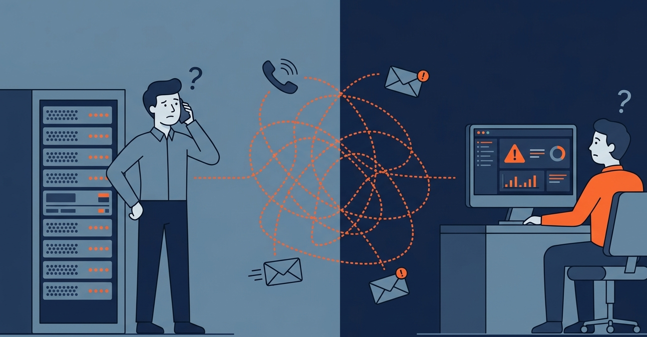 Confused IT teams separated by a chaotic communication knot, showing why defining points contact mssp is vital.