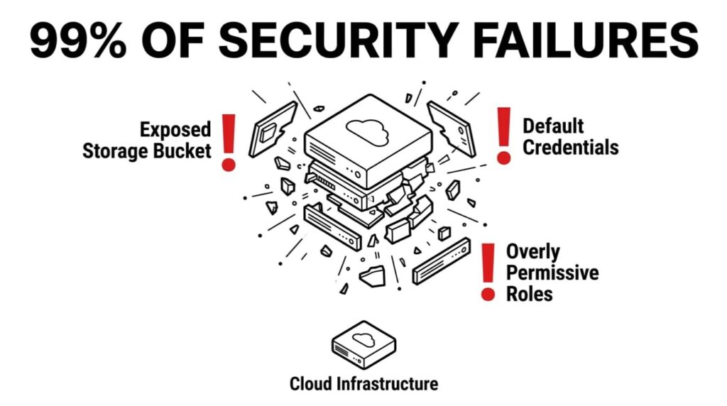 Broken cloud infrastructure diagram showing misconfiguration risks that threaten secure cloud migration