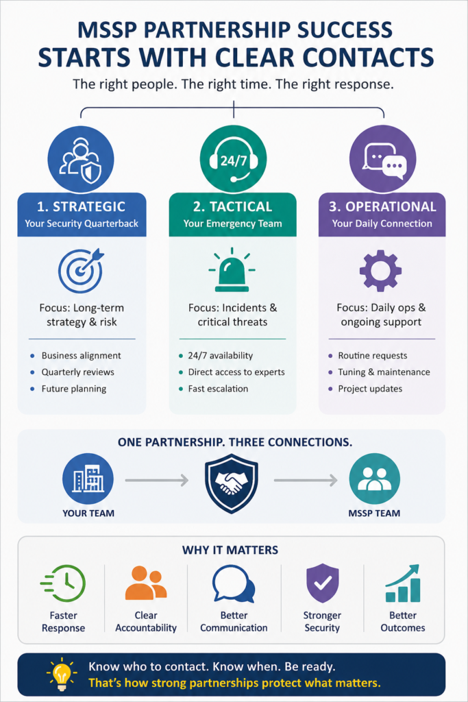 An infographic breakdown of strategic, tactical, and operational tiers for defining points contact mssp.