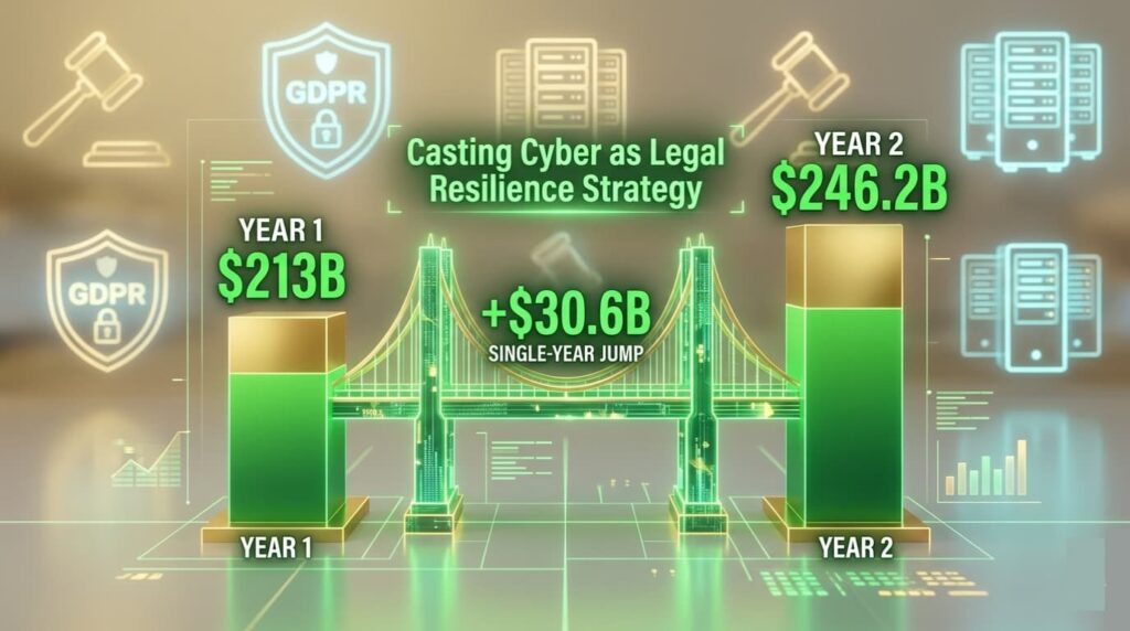 GDPR bridge chart showing cybersecurity budget growth tied to secure cloud migration legal resilience