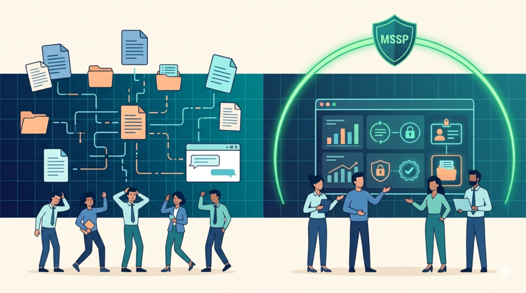 Split illustration comparing a chaotic unorganized network to secure communication methods mssp with proactive oversight.
