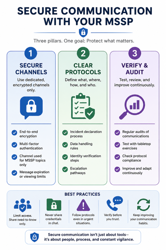 An infographic displaying the three pillars and best practices for secure communication methods mssp.