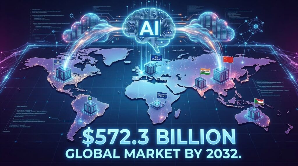 AI-powered global data localization map illustrating sovereign cloud trends in secure cloud migration