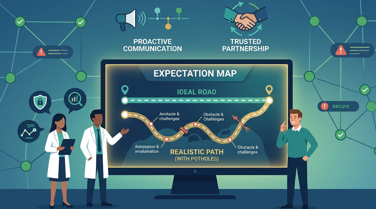 A digital expectation map screen showing a realistic path for managing client expectations communication. 