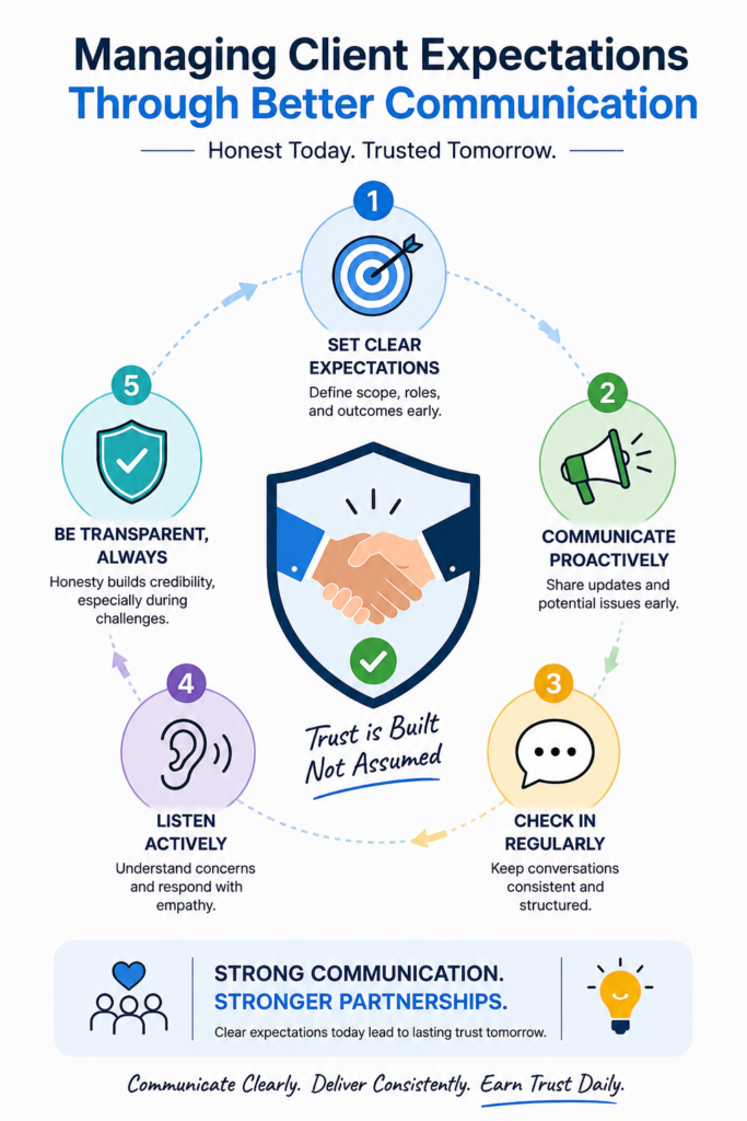 Roadmap infographic for managing client expectations communication, featuring a path leading up a mountain. 