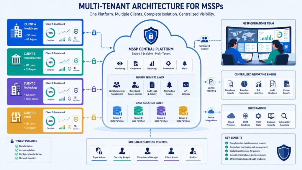 Multi-tenant architecture diagram for a compliance reporting dashboard MSSP with isolated client data and centralized visibility.