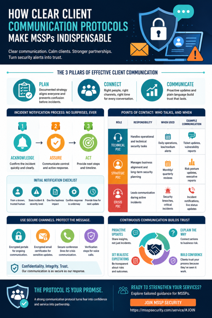Infographic on key pillars and points of contact for Client Communication Protocols MSSP.