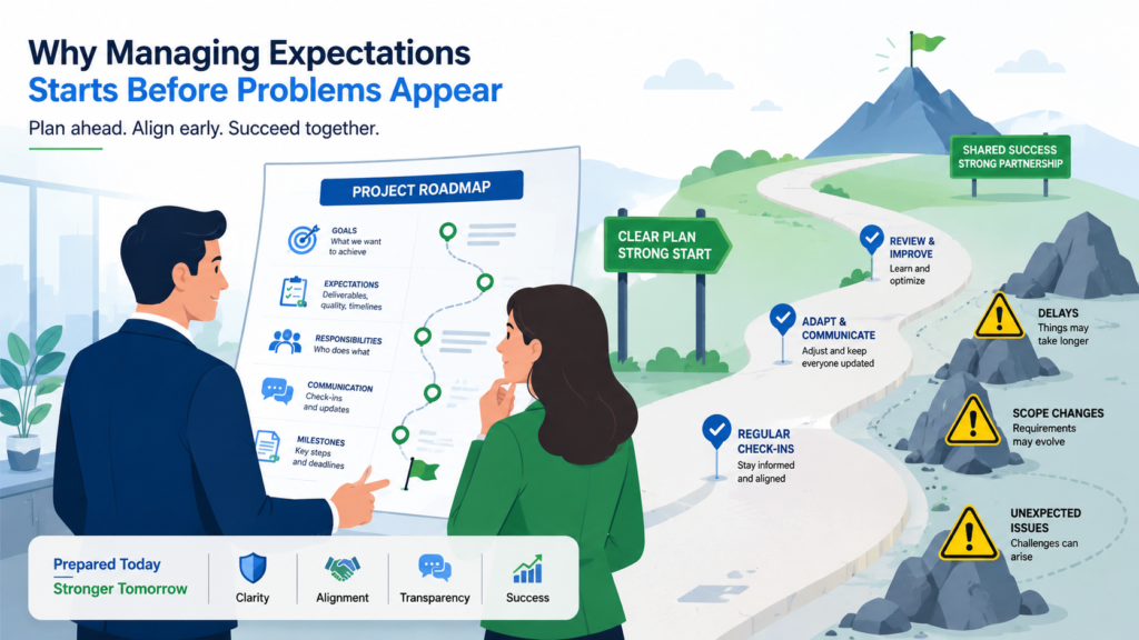 A 5-step circular lifecycle diagram focused on managing client expectations communication and building trust. 