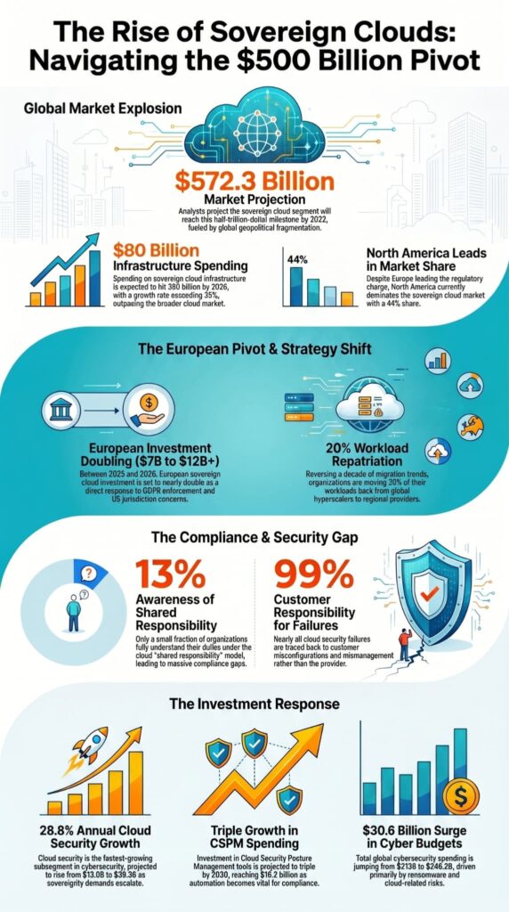 Sovereign cloud market infographic covering compliance gaps and investment trends in secure cloud migration