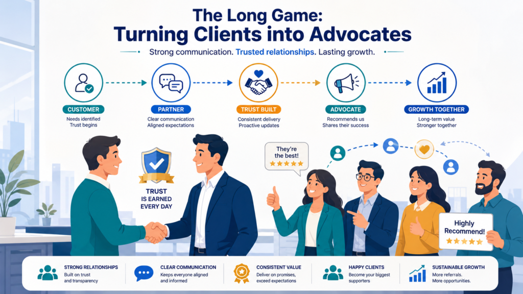 Business partners shaking hands in a vector layout about managing client expectations communication and advocacy. 