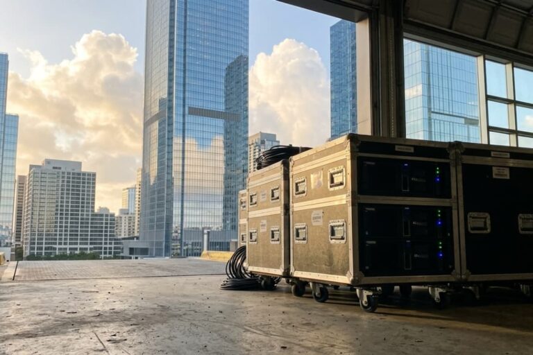 Portable server cases staged in urban facility representing physical infrastructure for secure cloud migration